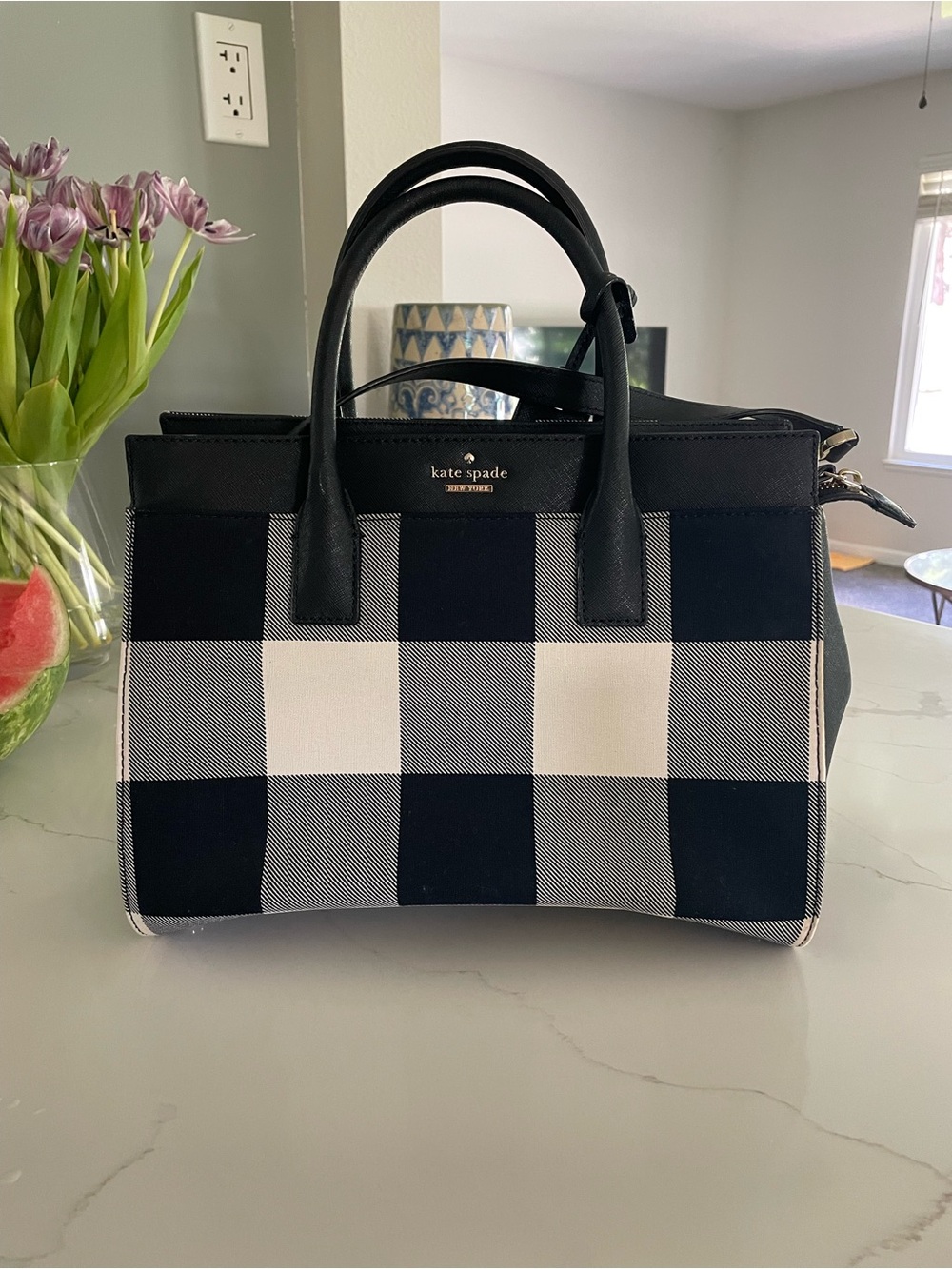 kate spade Black and White Buffalo Check Satchel
